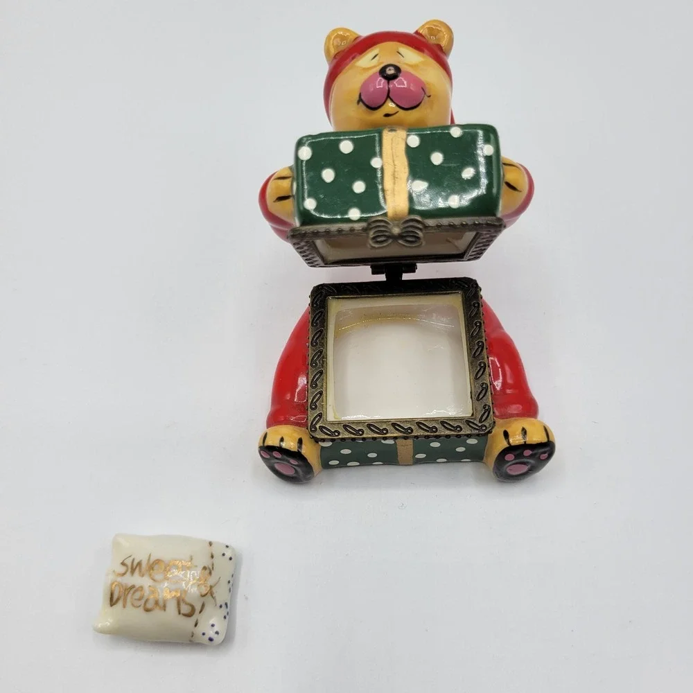 Holiday Santa Bear with Gift Box Sweet Dreams Pillow Hinged Trinket Box Ceramic